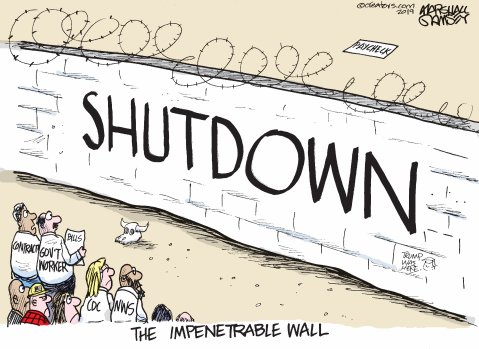 A cartoon depicts the words  [government]shutdown plastered on a border wall in between the United States and Mexico (google). 