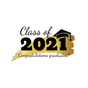 Class of 2021. Hand drawn brush gold stripe and number with education academic cap. Template for graduation party design, high school or college congratulation graduate, yearbook. Vector illustration.